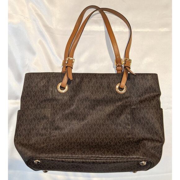 Michael Kors Signature Brown Coated Canvas Jet Set East West Tote Bag Purse - Picture 5 of 15